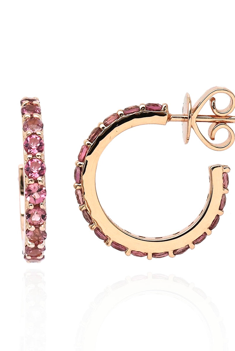 Tourmaline mini hoop earrings. Feminine and elegant pink gemstone earrings.