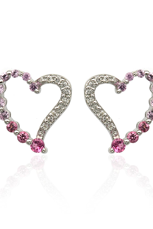Heart shaped diamond, sapphire and tourmaline earrings set in white gold.