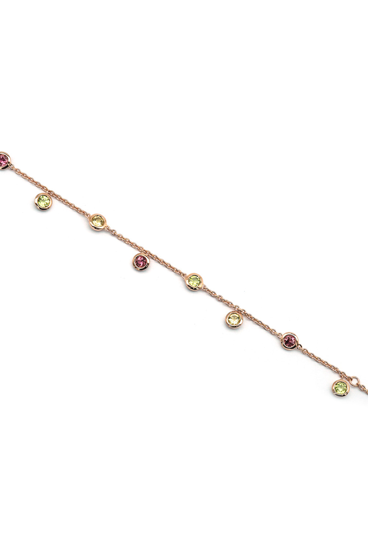 Pink tourmaline and green peridot gemstone pendant bracelet. Rose gold plated chain bracelet.