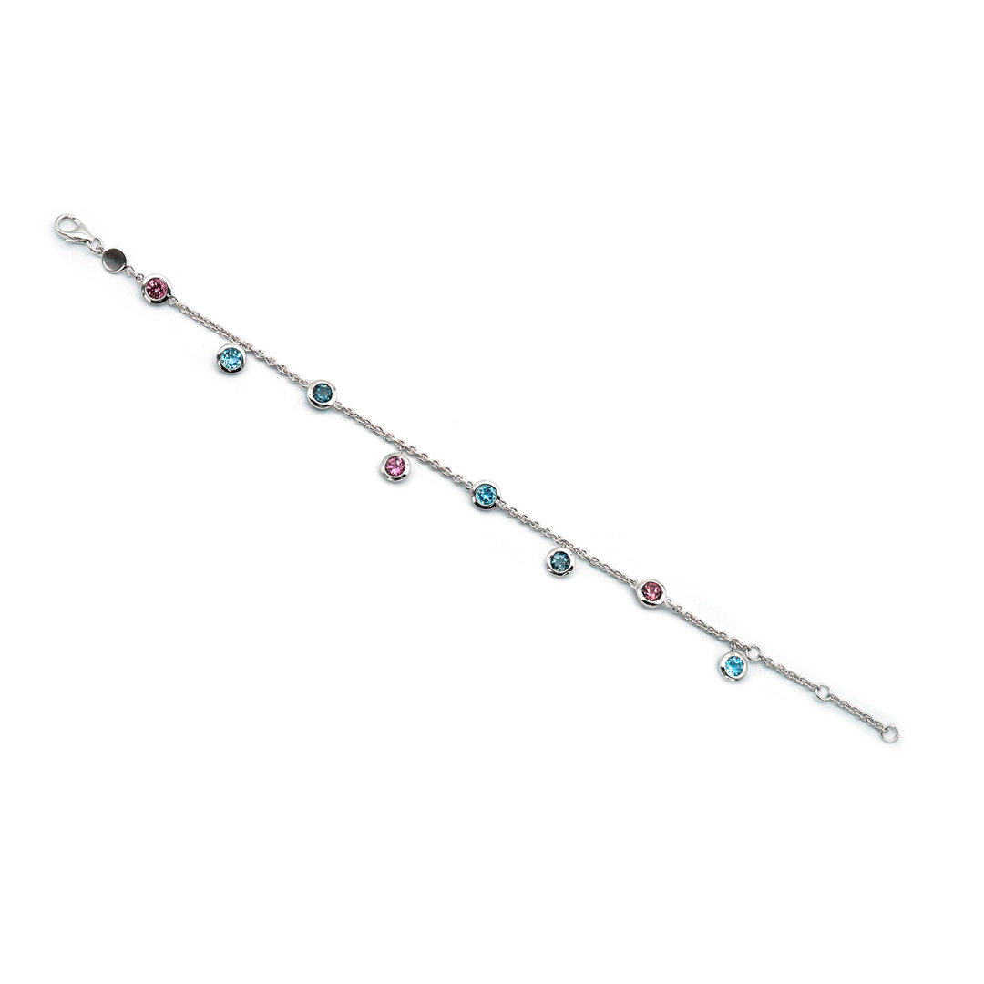 White gold plated gemstone pendant bracelet with pink tourmaline and blue topaz gemstones.