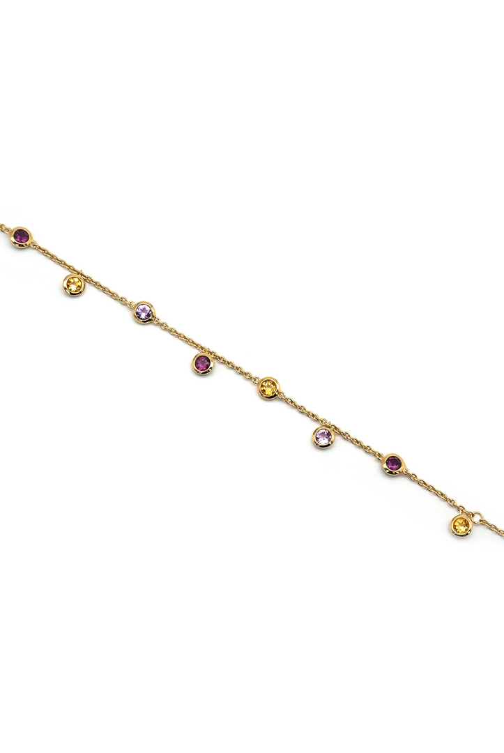 Chain bracelet with gemstone pendants. Amethyst, citrine and rhodolite garnet.