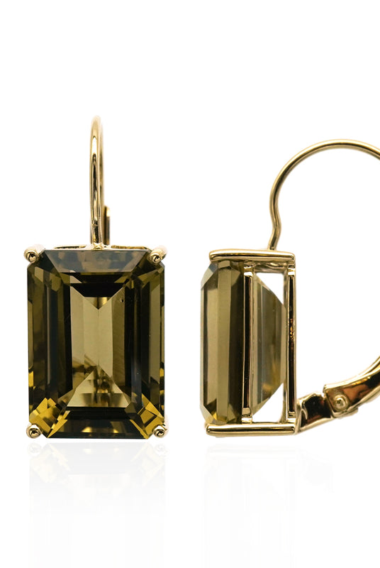 Baguette cut gemstone earrings with green olive quartz.