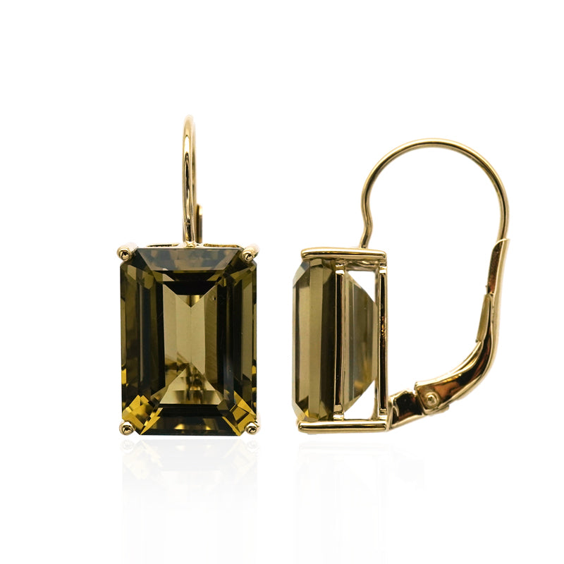 Baguette cut gemstone earrings with green olive quartz.