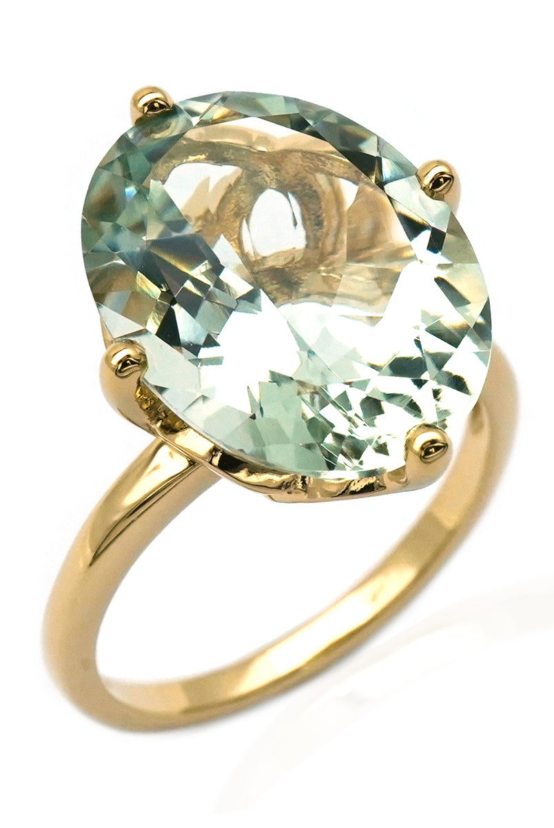 Oval cut gemstone ring with prasiolite, green amethyst.