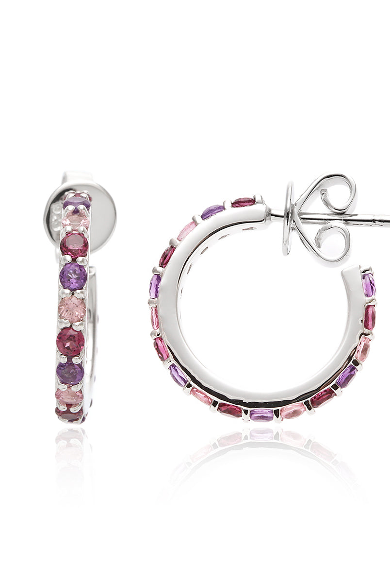 Multicoloured mini hoop earrings with amethyst, pink sapphire and rhodolite garnet.