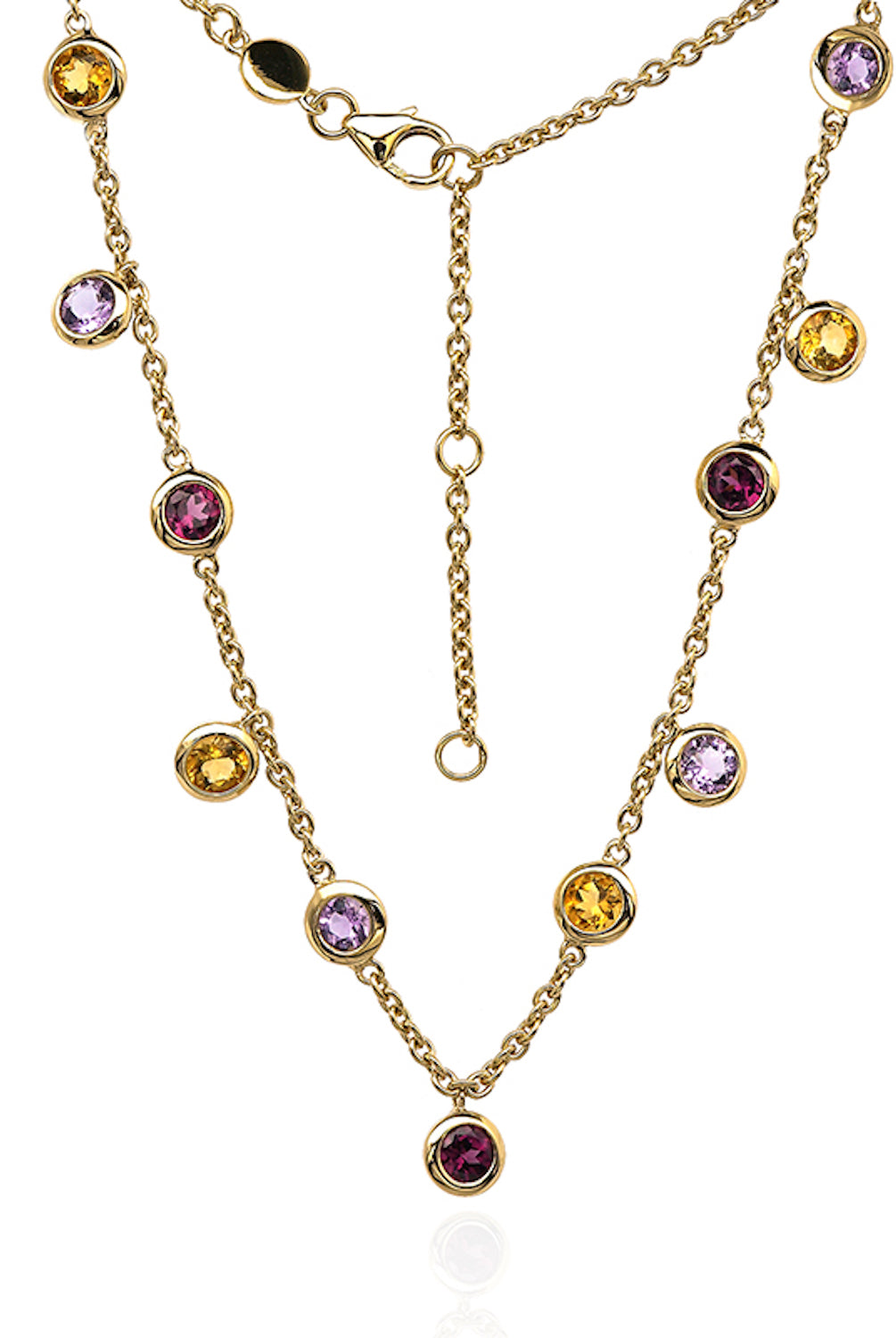 Marbella gemstone pendant necklace with amethyst, citrine and rhodolite garnet.