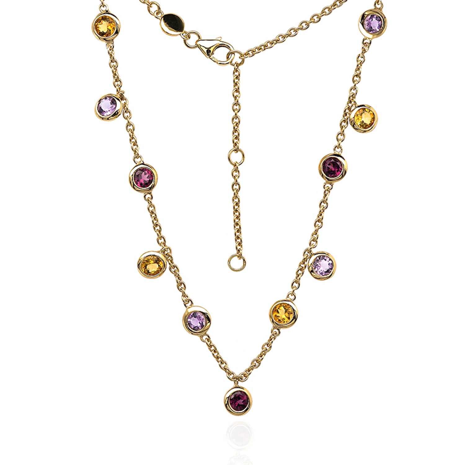 Marbella gemstone pendant necklace with amethyst, citrine and rhodolite garnet.