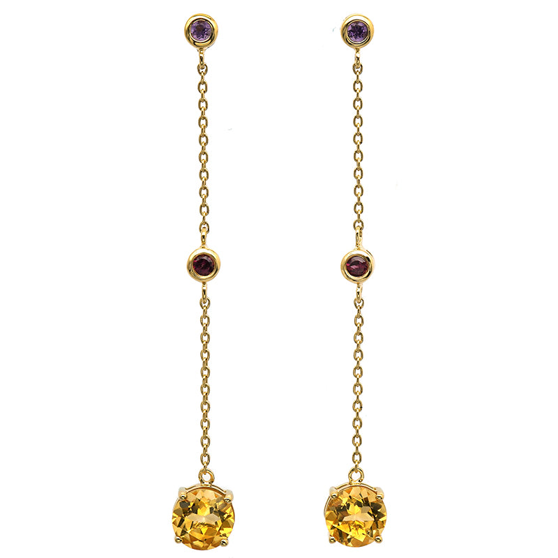 Citrine, amethyst and rhodolite drop earring, 14K gold plated 925 sterling silver. These fun and flirty dangle earrings are the perfect accessory for any and every occasion! International shipping available.