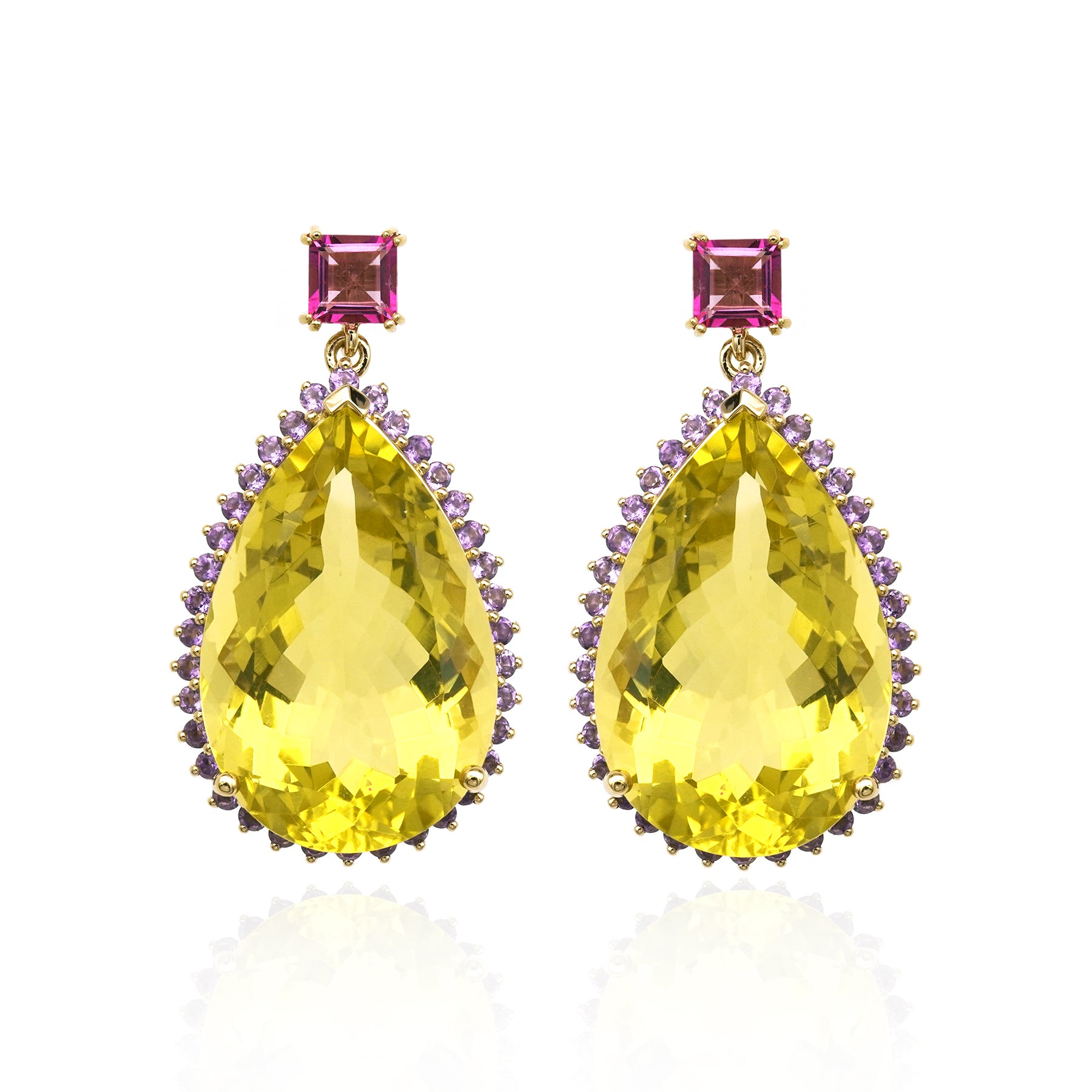 Large cocktail earrings with lemon quartz and amethyst. Drop earrings for special occasions.