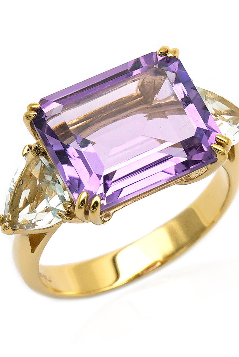 Joy amethyst and prasiolite ring set in 14K solid yellow gold. Always a statement piece! International shipping available.