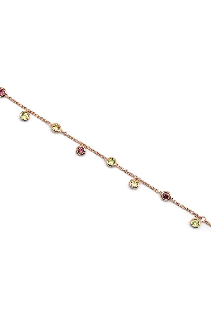Pink tourmaline and green peridot bracelet. Rose gold plated chain bracelet. Charm bracelet.