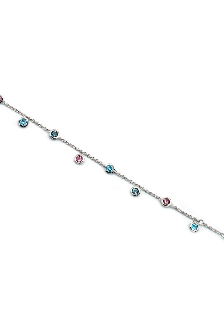 White gold plated charm bracelet with pink tourmaline and blue topaz gemstones.