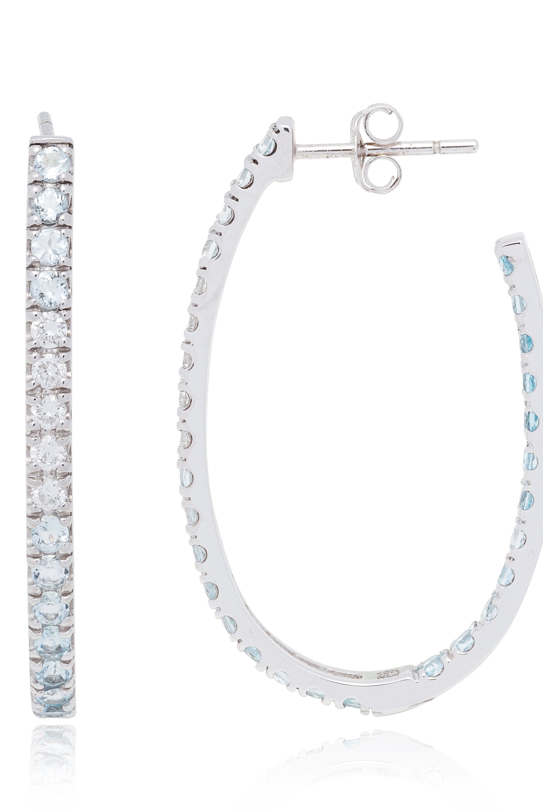 Pop aquamarine and diamond hoop earrings, 10K rhodium plated solid white gold. Our quintessential diamond hoops with a fabulous twist! International shipping available.