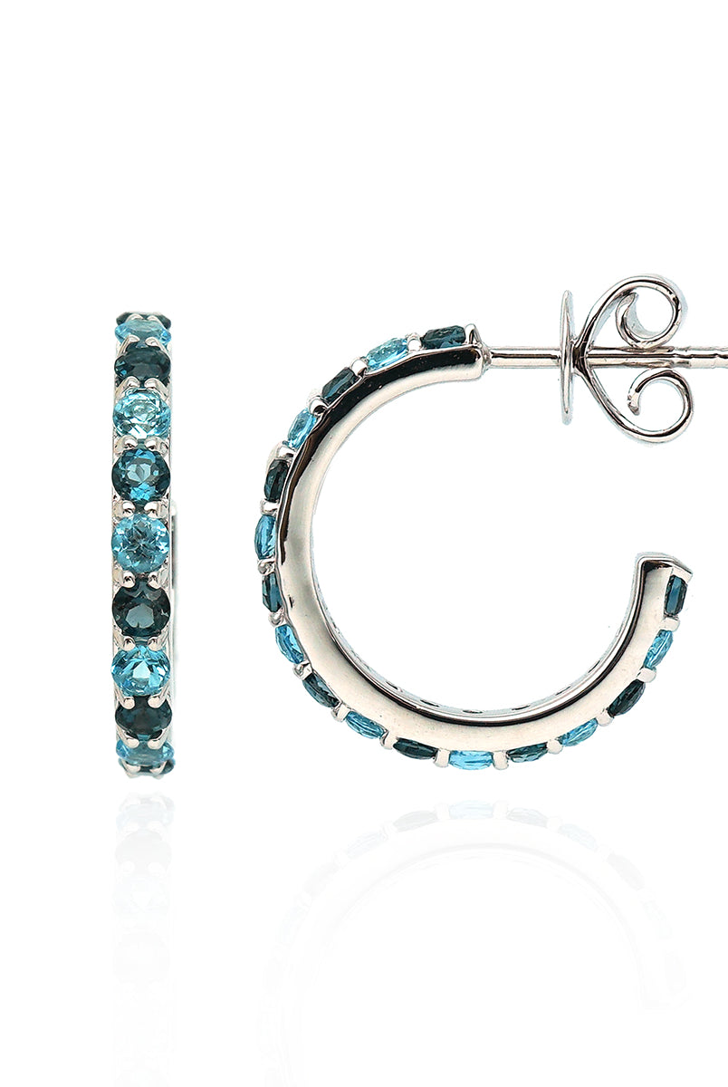 Sky Blue and London Blue Topaz mini hoop earrings, rhodium plated 925 sterling silver.