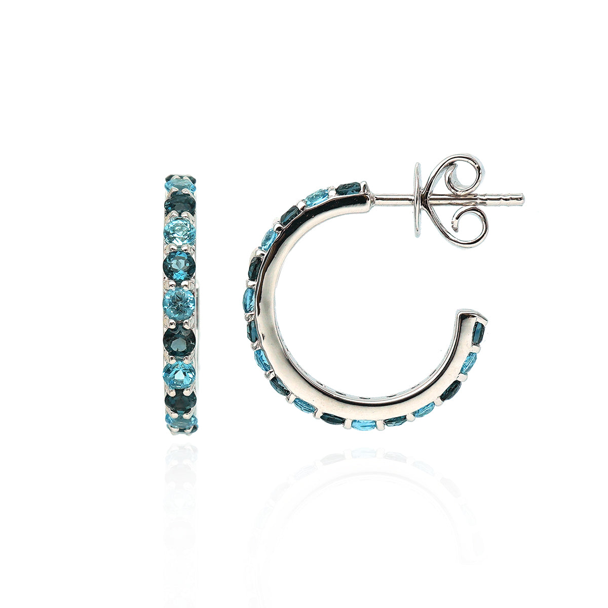 Sky Blue and London Blue Topaz mini hoop earrings, rhodium plated 925 sterling silver.