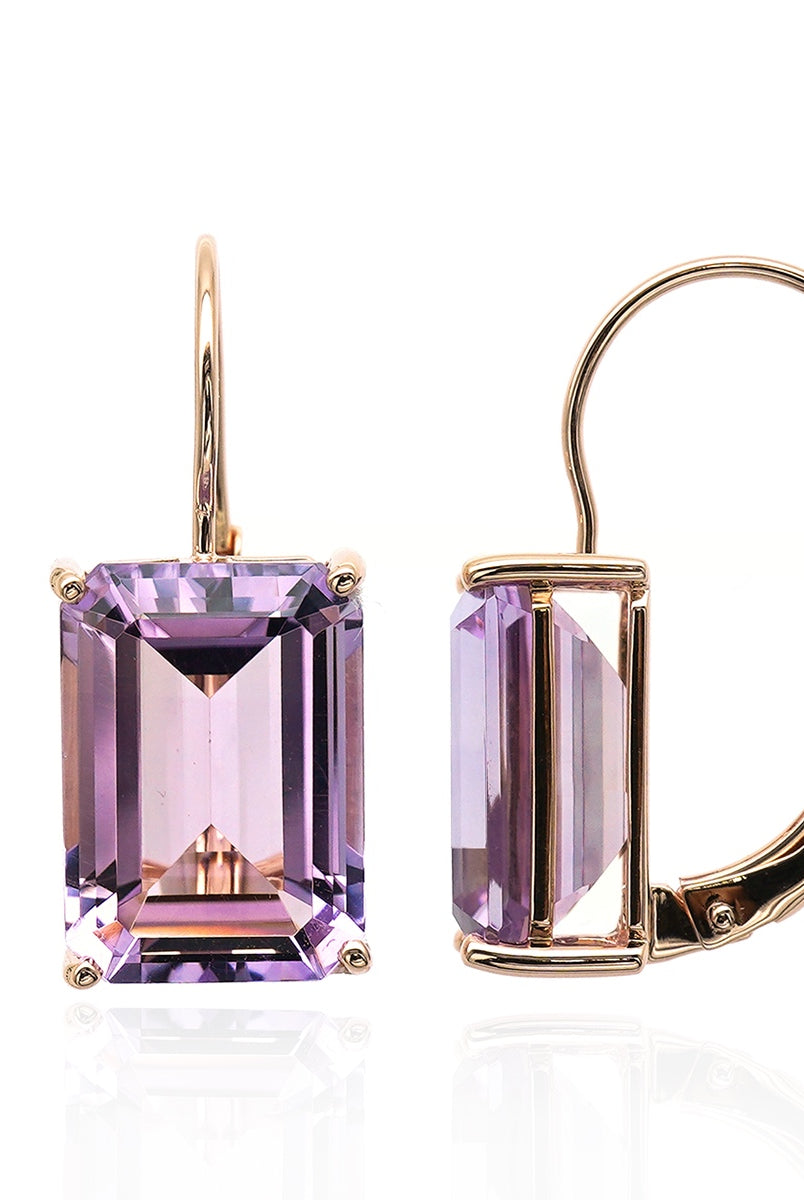 Baguette cut gemstone earrings with pink amethyst.