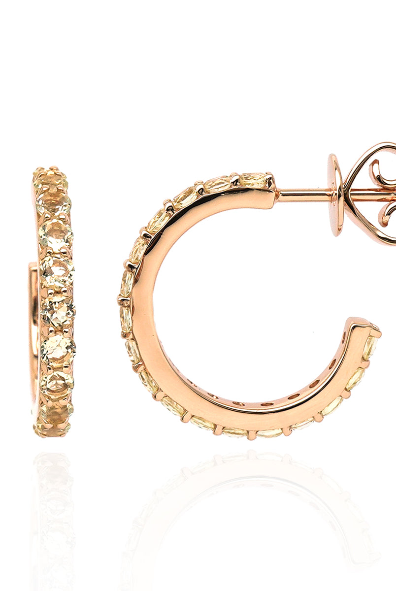 Lemon quartz mini hoop eternity earrings, set in 14K rose gold plated sterling silver.