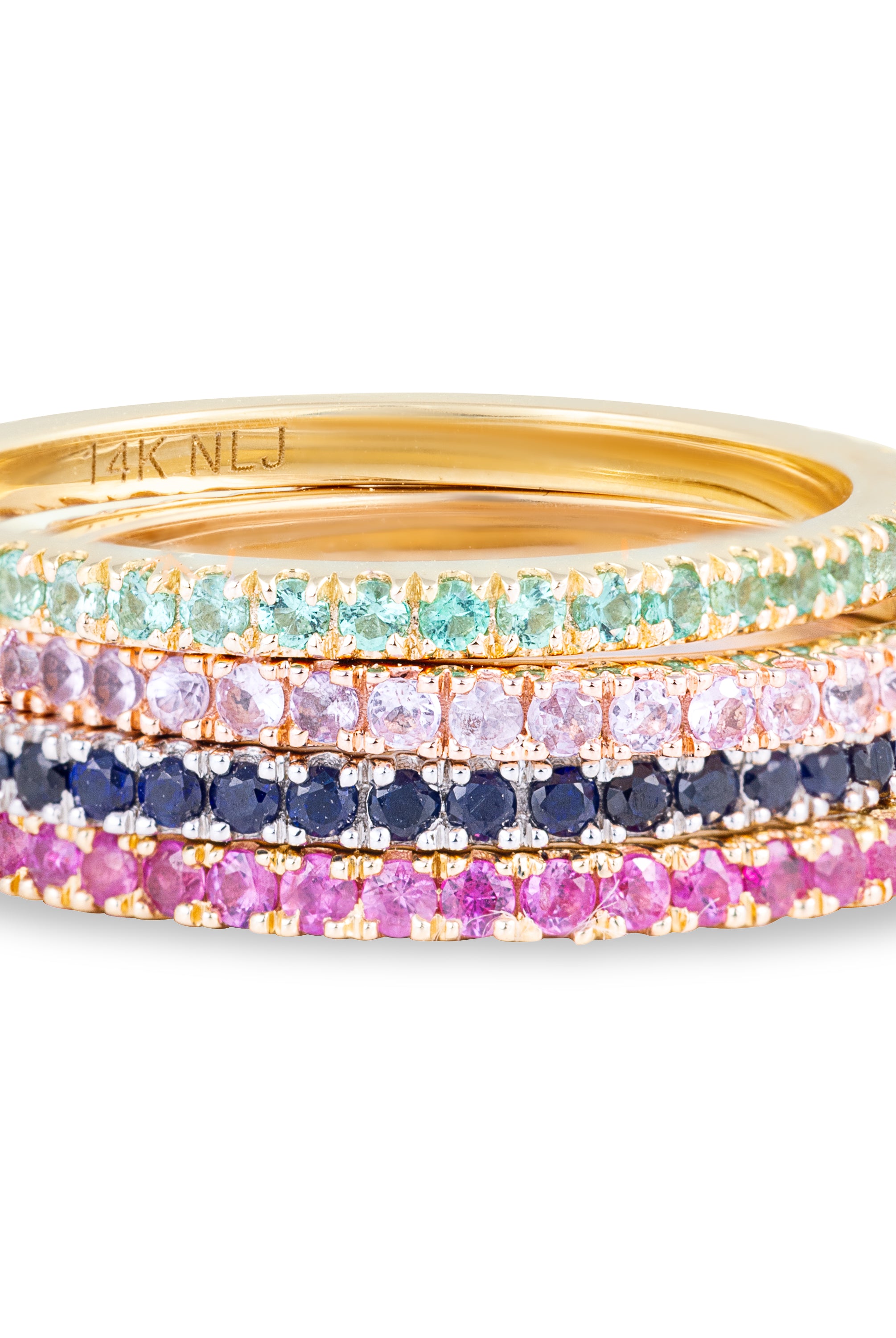 Dainty rainbow gemstone eternity ring. Emeral, pink sapphire, blue sapphire or ruby.